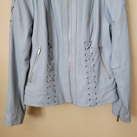 Neiman Marcus Light Blue Leather Lace-Up Moto Leather Jacket - Picture 5 of 16
